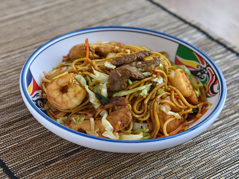 Hearty seafood chow mein with shrimp and pork at K Fusion Eats, an Asian restaurant in Sacramento.