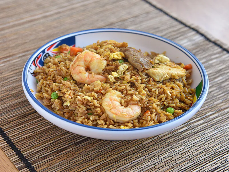 Colorful seafood fried rice with shrimp and chicken at K Fusion Eats, an Asian restaurant in Sacramento.